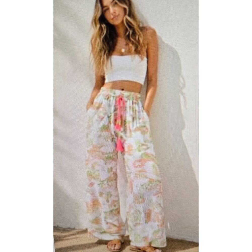 Cynthia Rowley NWT Linen Med Wide-Leg Pants with Coral & Green Print Size Large